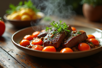 Plat de bœuf bourguignon sur table rustique avec légumes