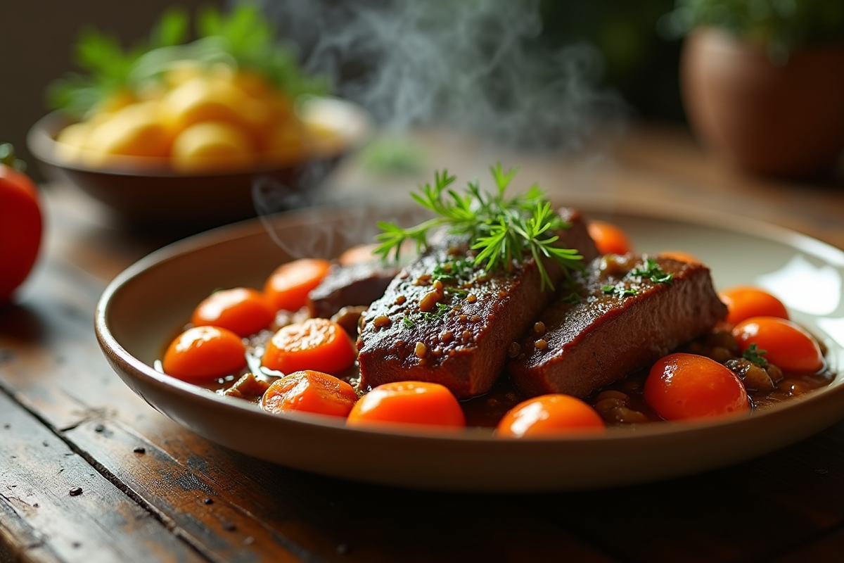 Plat de bœuf bourguignon sur table rustique avec légumes