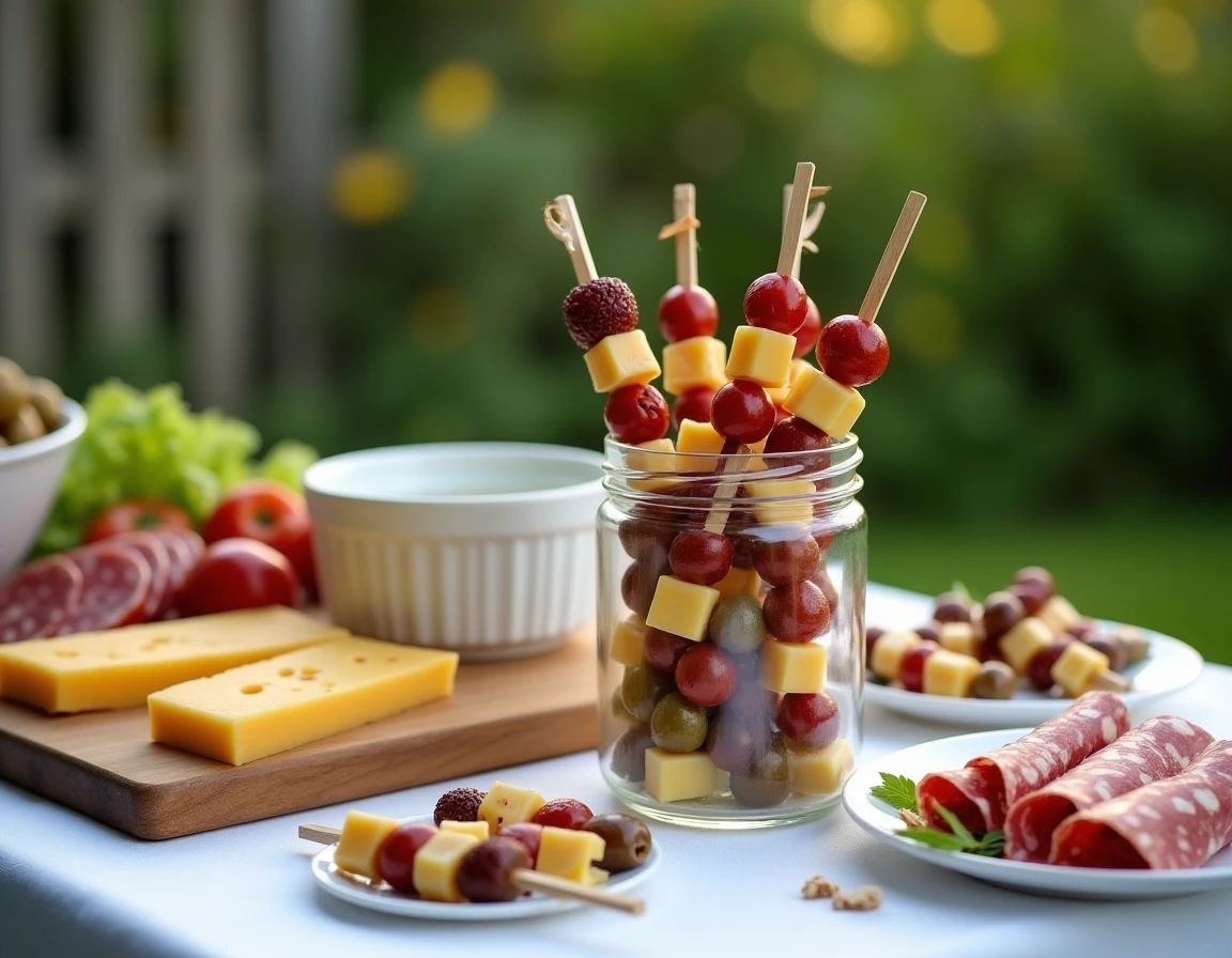 Buffet froid en plein air avec bocal en verre rempli de brochettes apéro variées sur une table décorée dans un jardin estival