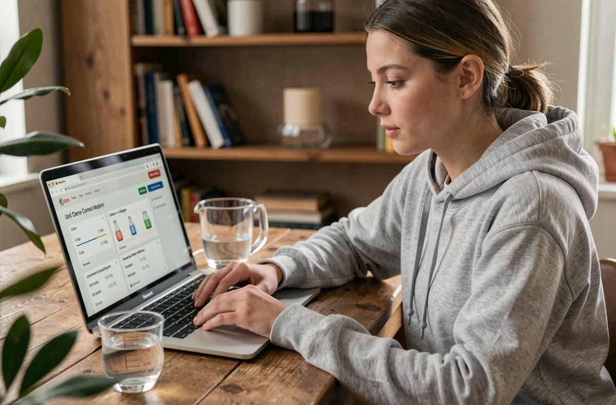 Jeune femme utilisant un outil de conversion en ligne pour calculer l'équivalent en kilogrammes d'un litre de liquide