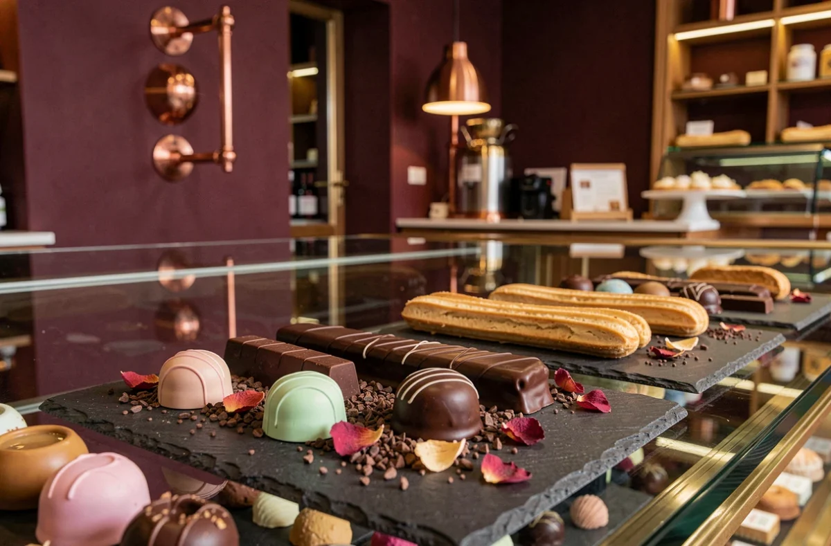 Bonbons de chocolat peints à la main et éclairs sur ardoise dans une chocolaterie de Saint-Raphaël