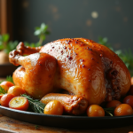 Capon rôti sur une table en bois rustique avec légumes