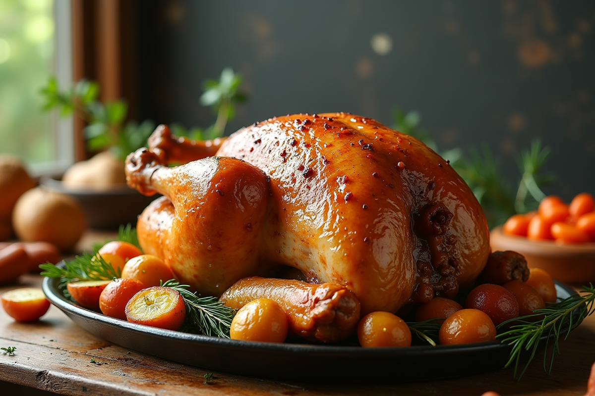 Capon rôti sur une table en bois rustique avec légumes