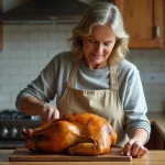 Une femme en tablier de lin carves un capon doré dans une cuisine chaleureuse