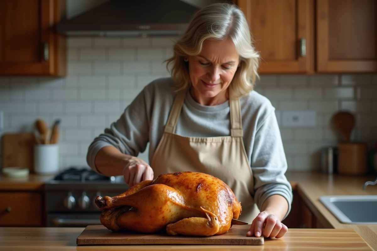 Une femme en tablier de lin carves un capon doré dans une cuisine chaleureuse