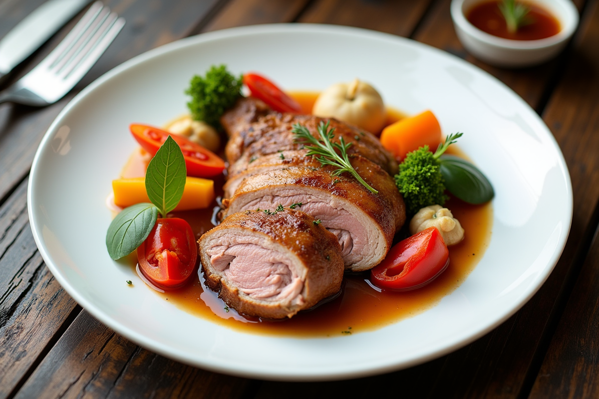Capon tranché avec légumes colorés et sauce riche