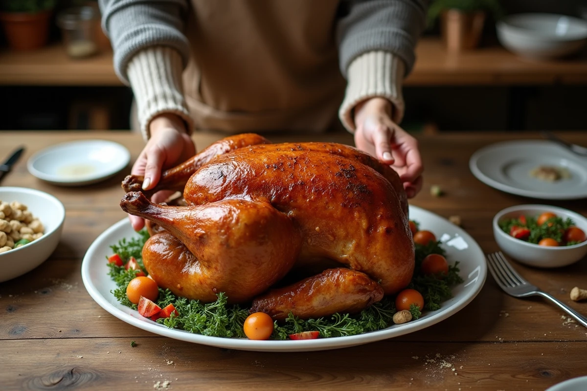 Un capon rôti sur une assiette avec mains prêtes à servir dans un cadre familial