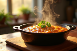 Carbonade flamande en cocotte en fonte sur une table en bois
