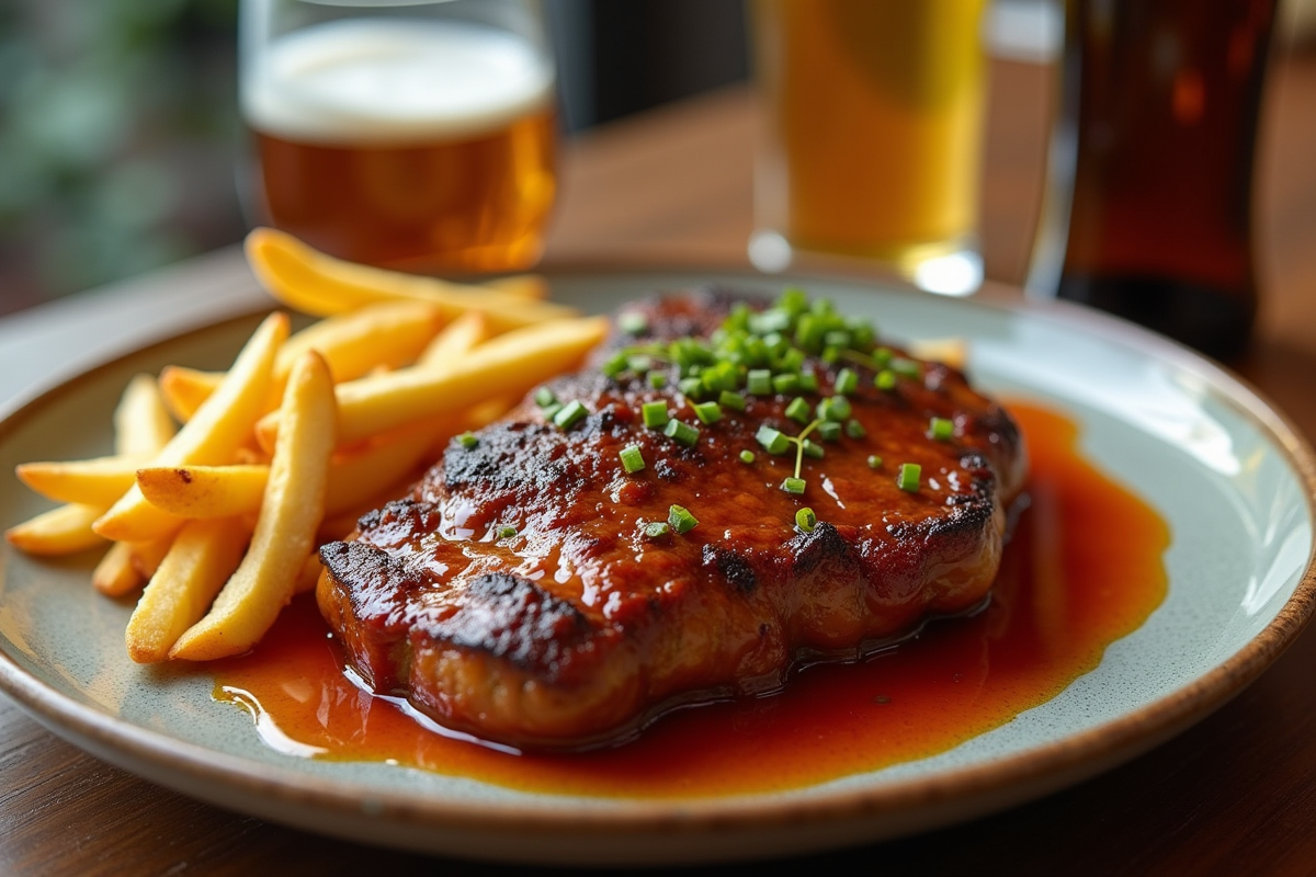 Gros plan sur la carbonade flamande avec frites et bière belge