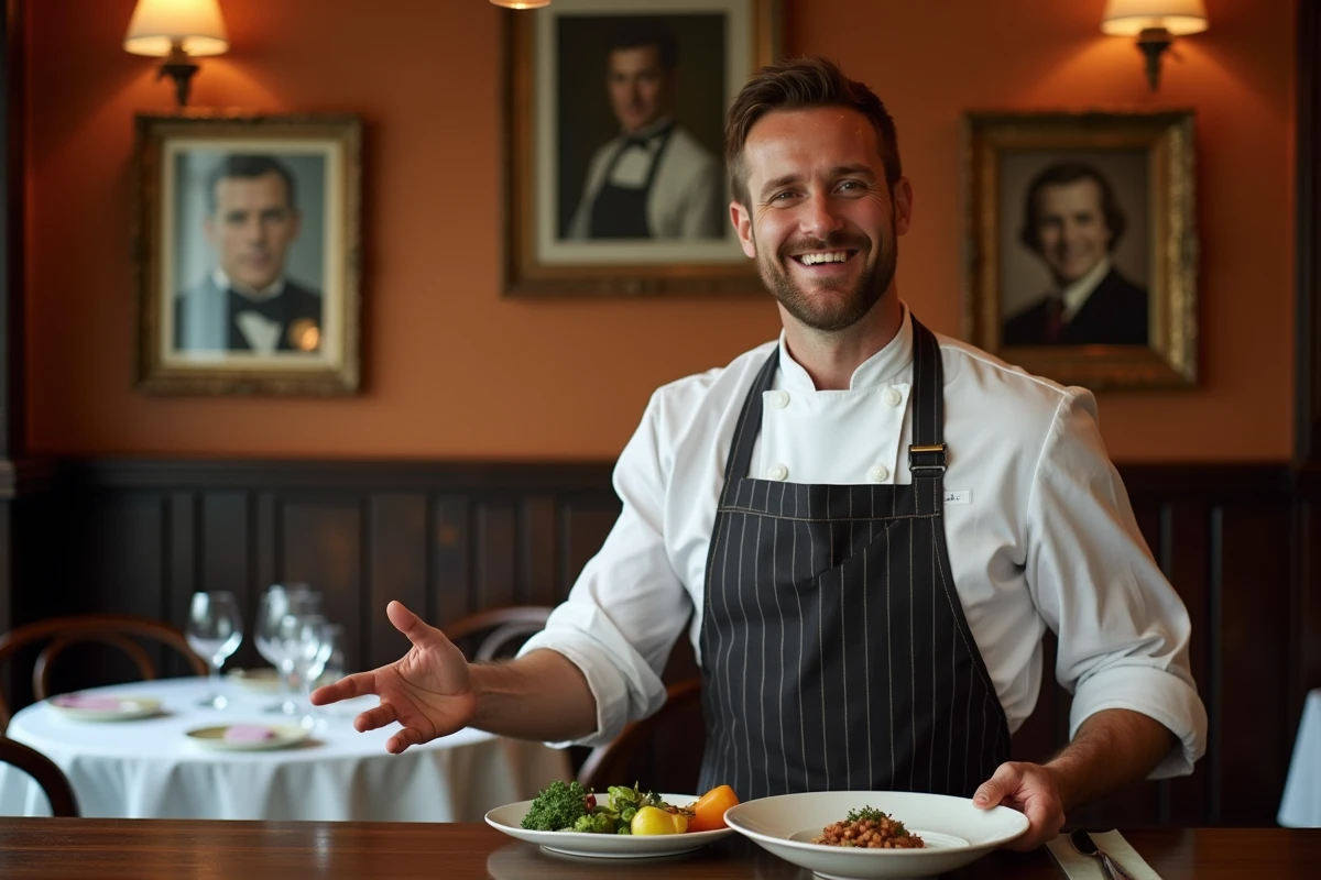 César Troisgros dans la salle emblématique du restaurant familial à Roanne, entouré d'une décoration évoquant quatre générations de cuisine française