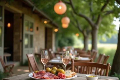 Planche de charcuterie et verre de rosé sur une table en bois à la guinguette de la ferme à Bondues