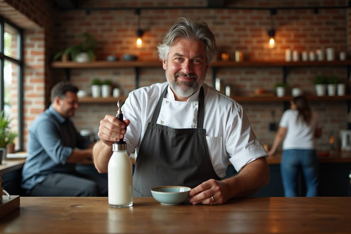 Chef préparant de la chantilly avec siphon sur comptoir en bois