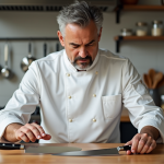 Chef examine couteaux japonais et allemands dans cuisine moderne