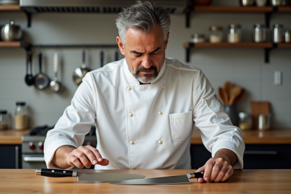 Chef examine couteaux japonais et allemands dans cuisine moderne