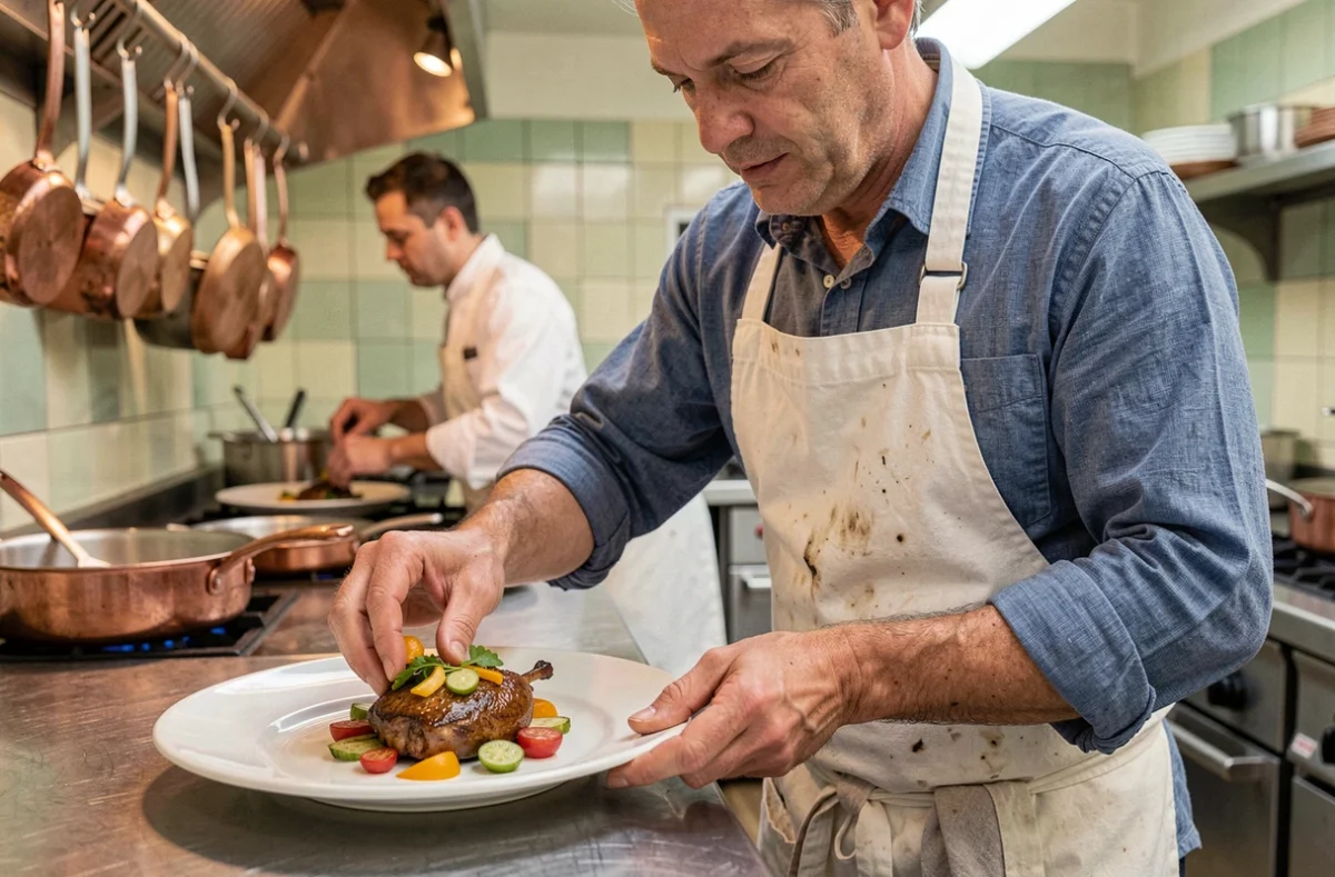 Chef cuisinier dressant un confit de canard dans la cuisine ouverte d'un bistrot gastronomique de Toulouse