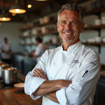 Chef en uniforme blanc dans une cuisine élégante
