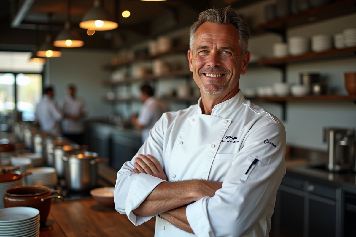 Chef en uniforme blanc dans une cuisine élégante