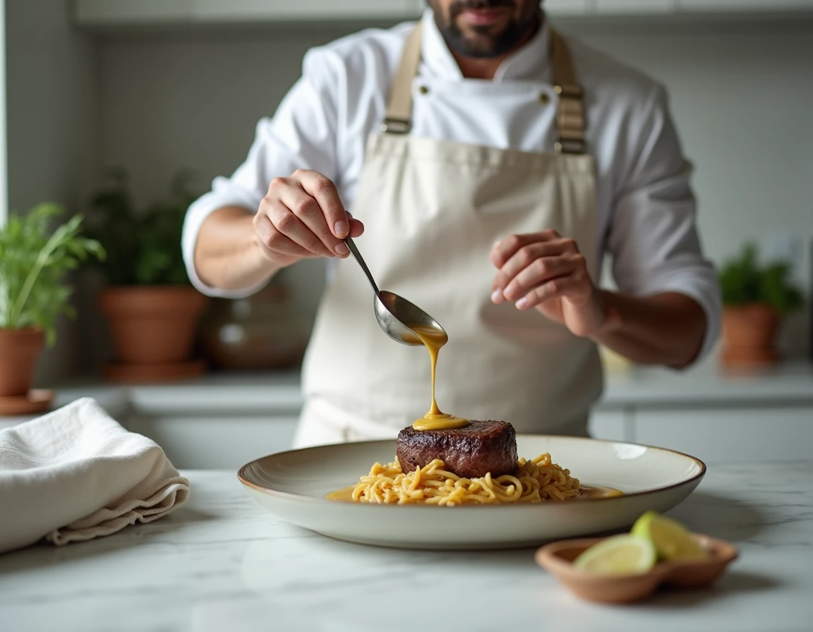 Chef plating un filet mignon en sauce moutarde dans une cuisine moderne, versant la sauce sur la viande avec une petite louche