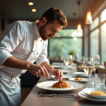 Chef gourmet en cuisine moderne dressant un plat étoile Michelin