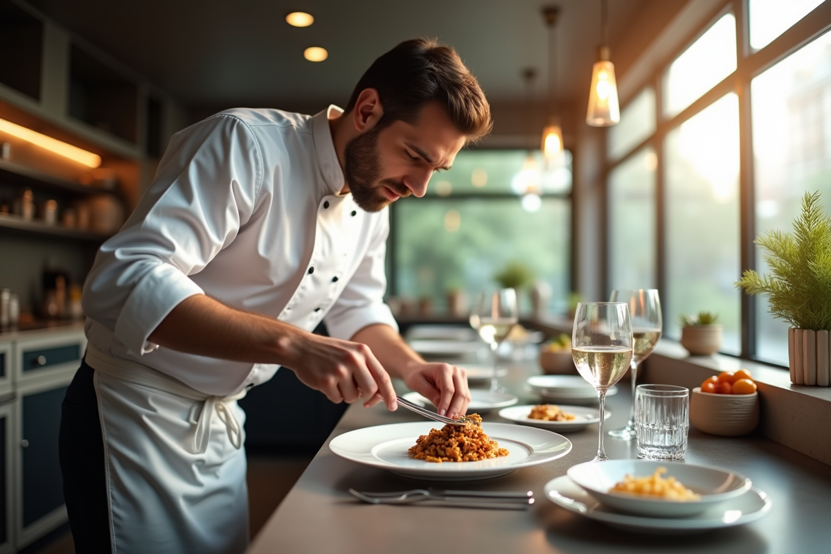 Chef gourmet en cuisine moderne dressant un plat étoile Michelin