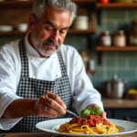 Chef italien en cuisine préparant des tagliatelles au ragù avec basilic frais