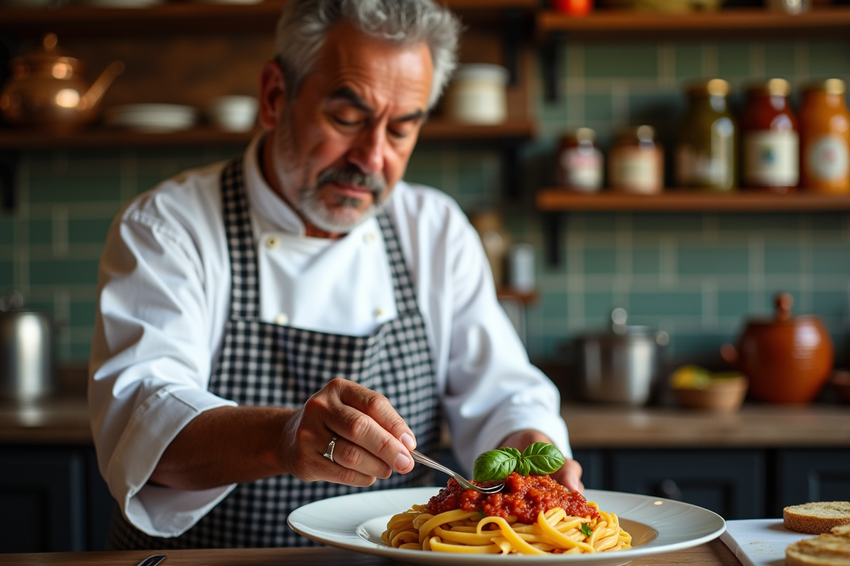 Chef italien en cuisine préparant des tagliatelles au ragù avec basilic frais