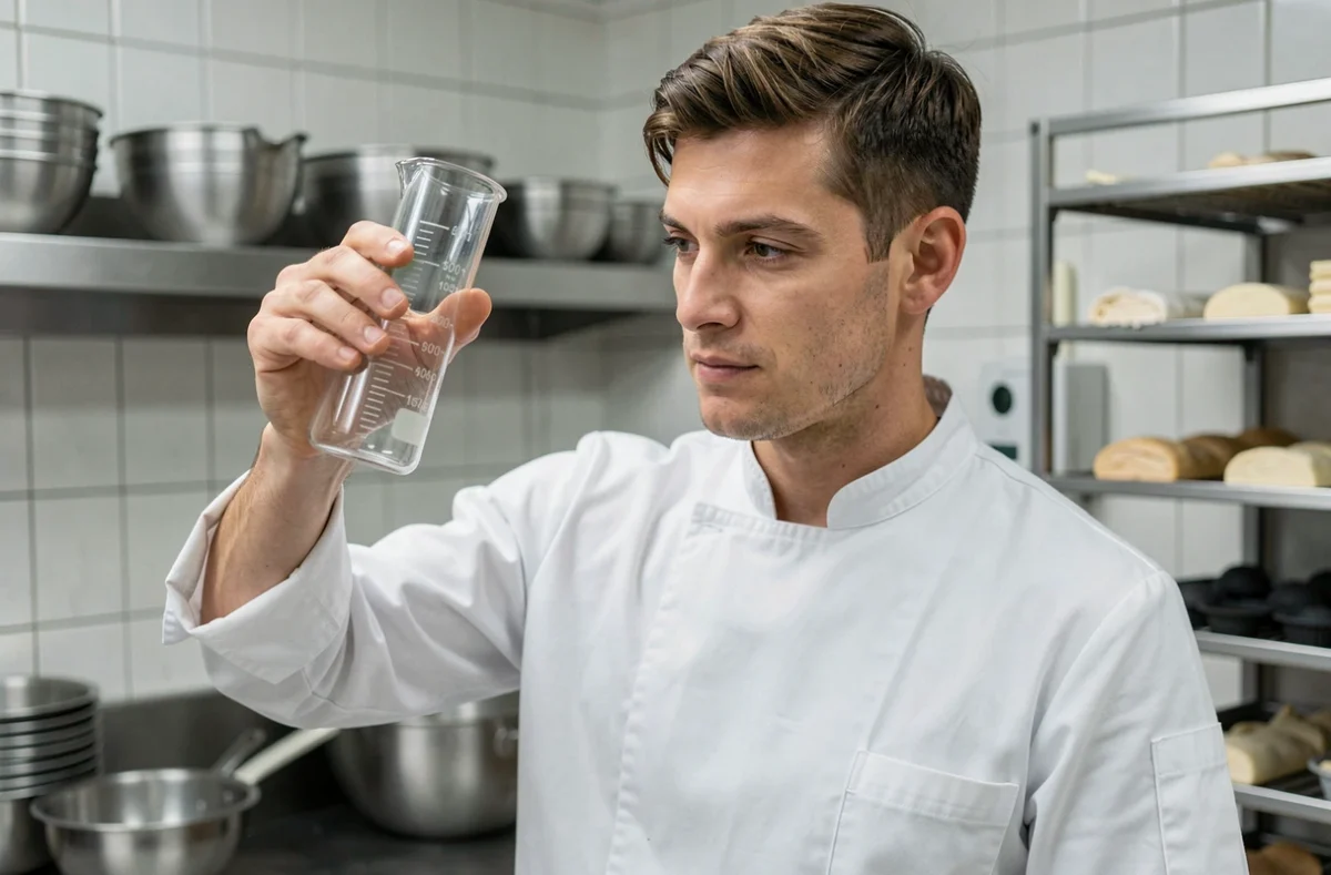 Chef pâtissier professionnel mesurant avec précision un volume en cl dans une cuisine professionnelle avec cylindre gradué