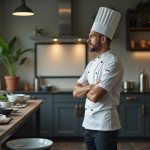 Chef étoilé en cuisine contemplant une plaque vide
