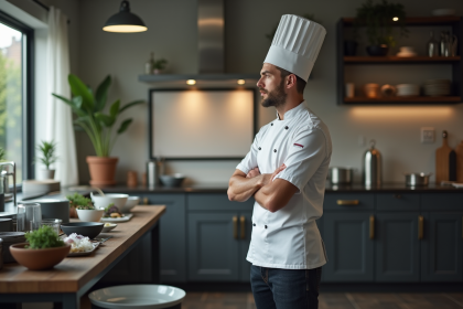 Chef étoilé en cuisine contemplant une plaque vide
