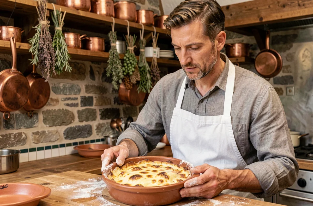 Chef préparant une tartiflette au reblochon dans une cuisine de restaurant montagnard à Annecy