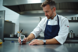 Chef professionnel utilisant un thermomètre numérique en cuisine
