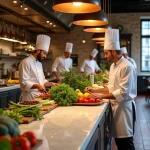 Vue d'ensemble d'une cuisine gastronomique française avec des chefs en toque blanche travaillant autour d'un îlot de marbre garni de produits du terroir