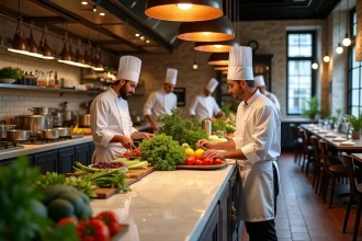 Vue d'ensemble d'une cuisine gastronomique française avec des chefs en toque blanche travaillant autour d'un îlot de marbre garni de produits du terroir