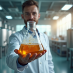 Chercheur tenant un flacon avec liquide doré en laboratoire moderne