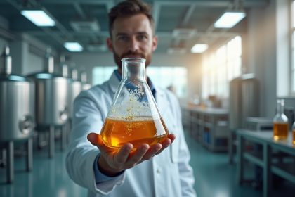 Chercheur tenant un flacon avec liquide doré en laboratoire moderne