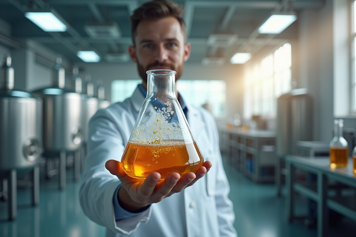 Chercheur tenant un flacon avec liquide doré en laboratoire moderne