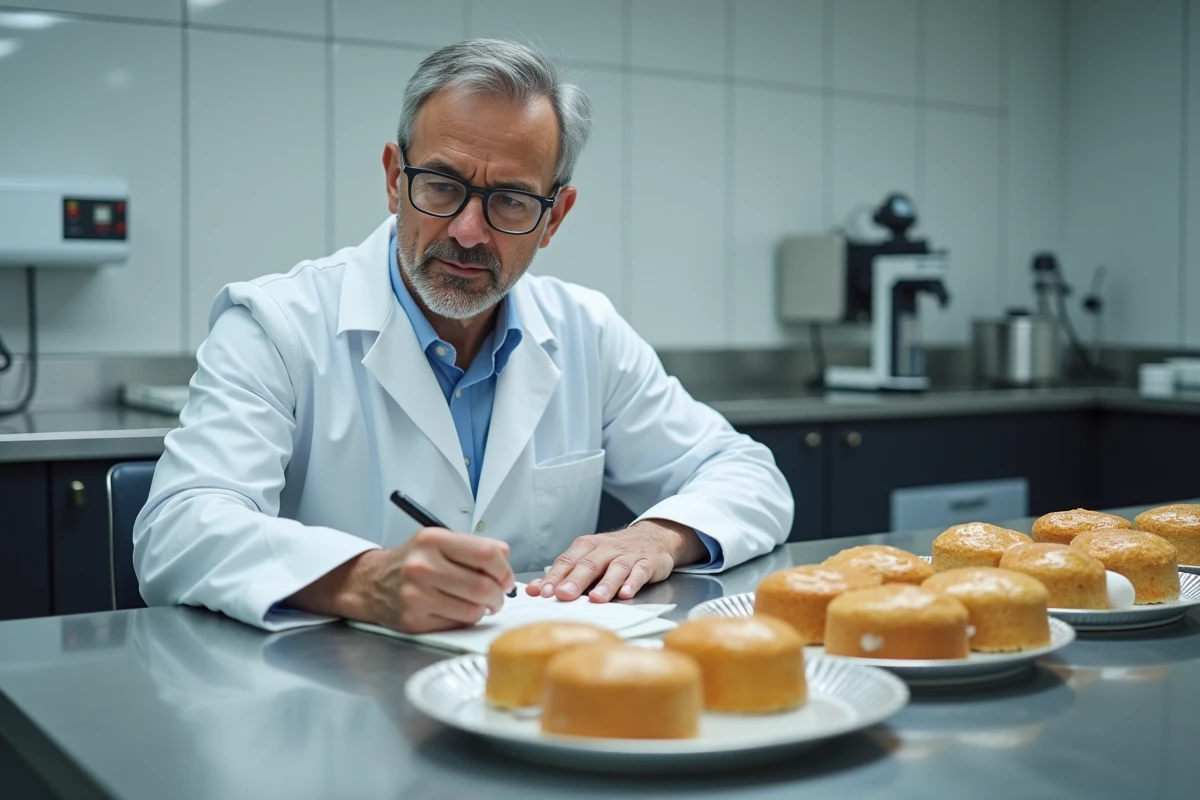 Chercheur en laboratoire analysant des gâteaux allégés sur un plan de travail