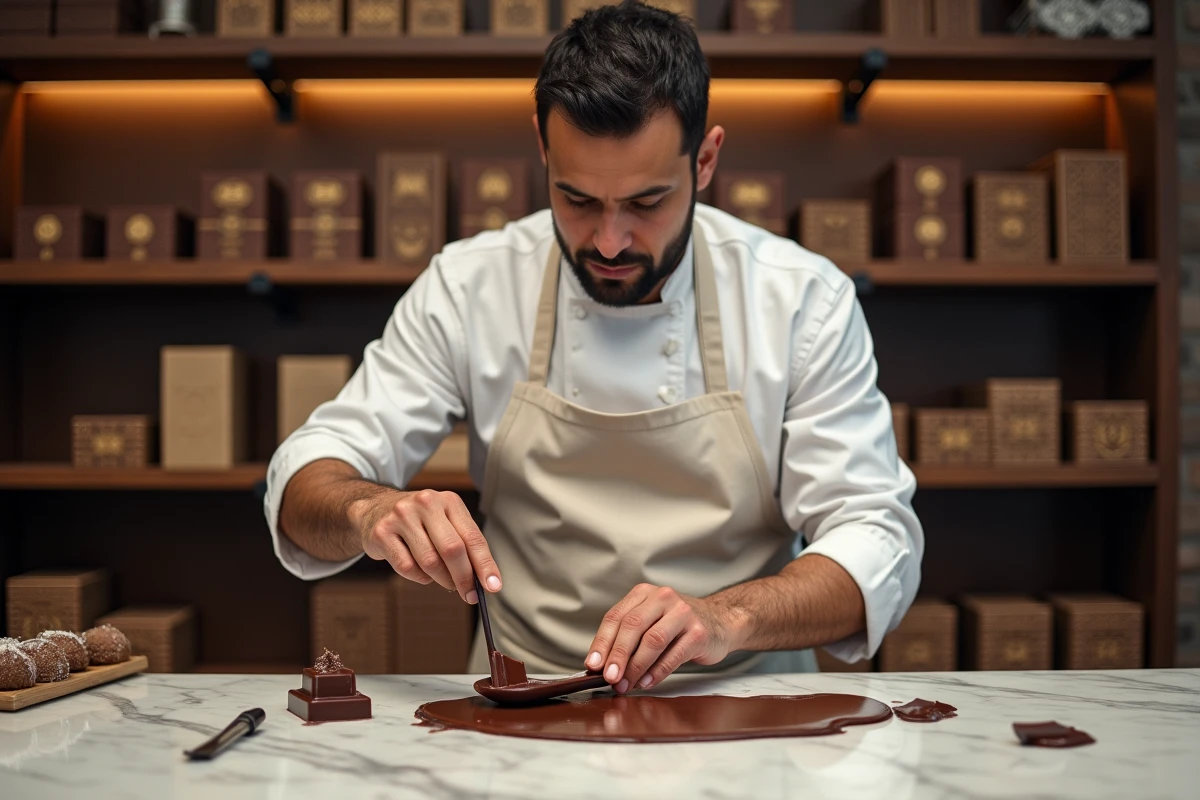 Chocolatier artisan travaillant le chocolat noir sur marbre dans un atelier de chocolaterie à Dubaï