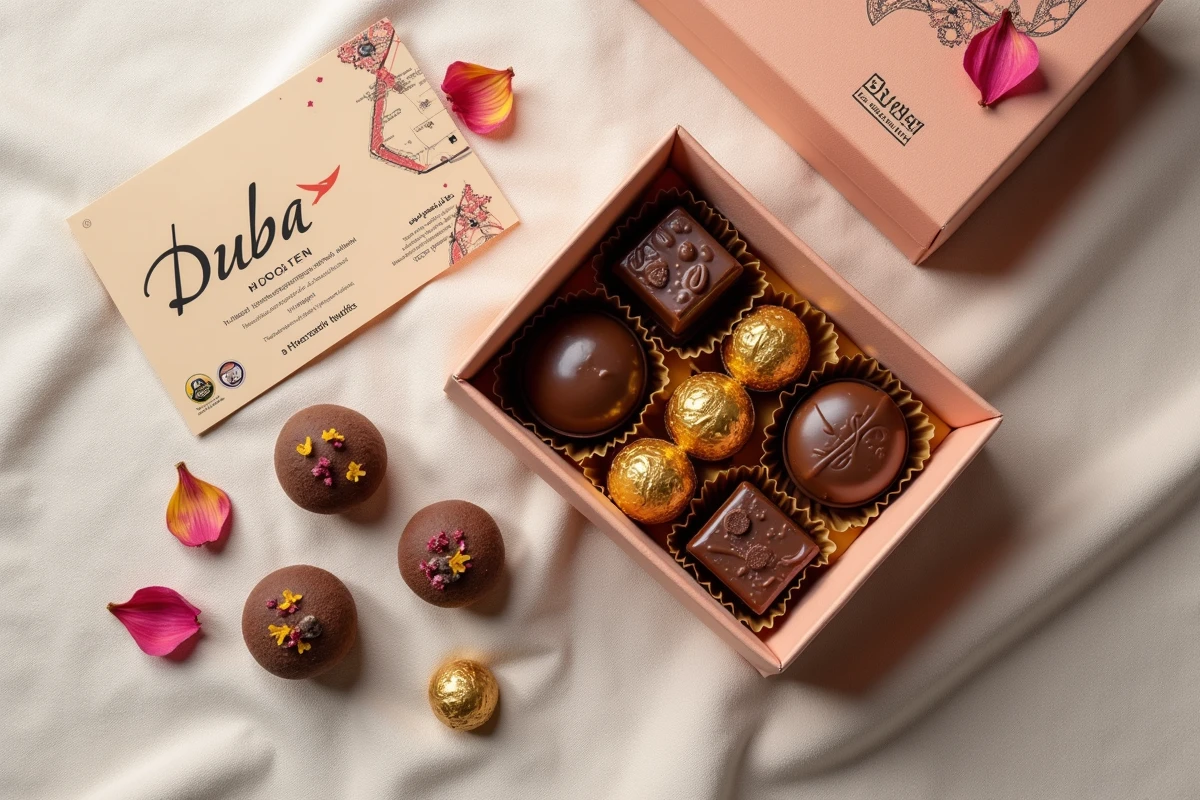 Chocolats artisanaux de Dubaï avec emballage doré présentés comme souvenir de voyage sur fond lin