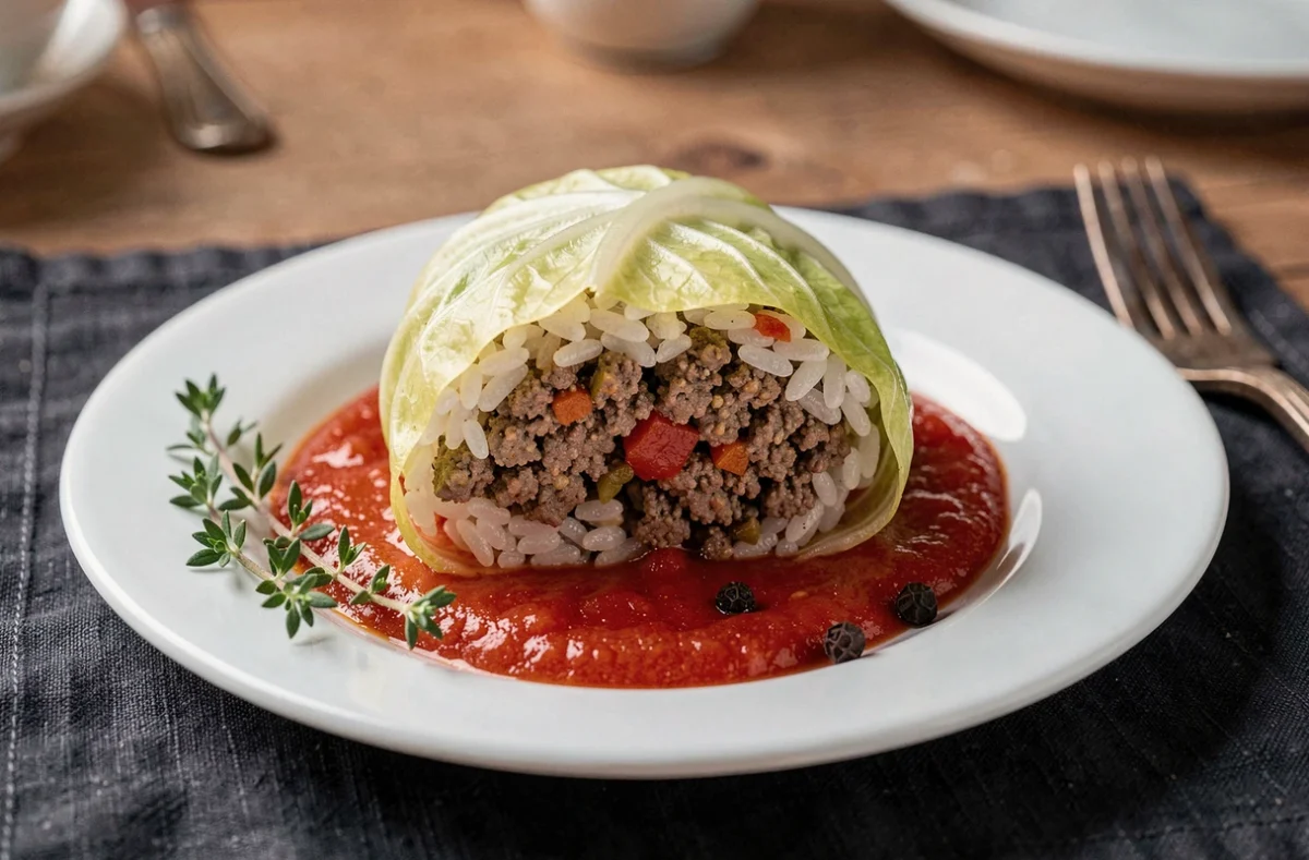 Gros plan d'un chou farci coupé en deux sur une assiette blanche révélant sa farce à la viande et au riz avec une sauce tomate, sur une table en bois rustique