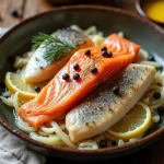 Assiette de choucroute aux poissons avec saumon, haddock et brochet sur lit de choucroute braisée, garnie d'aneth frais et de citron