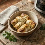 Plat de choux farcis dorés dans une cocotte en céramique rustique sur une table en bois, avec un Cookeo visible en arrière-plan dans une cuisine française