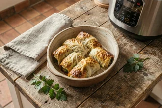Plat de choux farcis dorés dans une cocotte en céramique rustique sur une table en bois, avec un Cookeo visible en arrière-plan dans une cuisine française