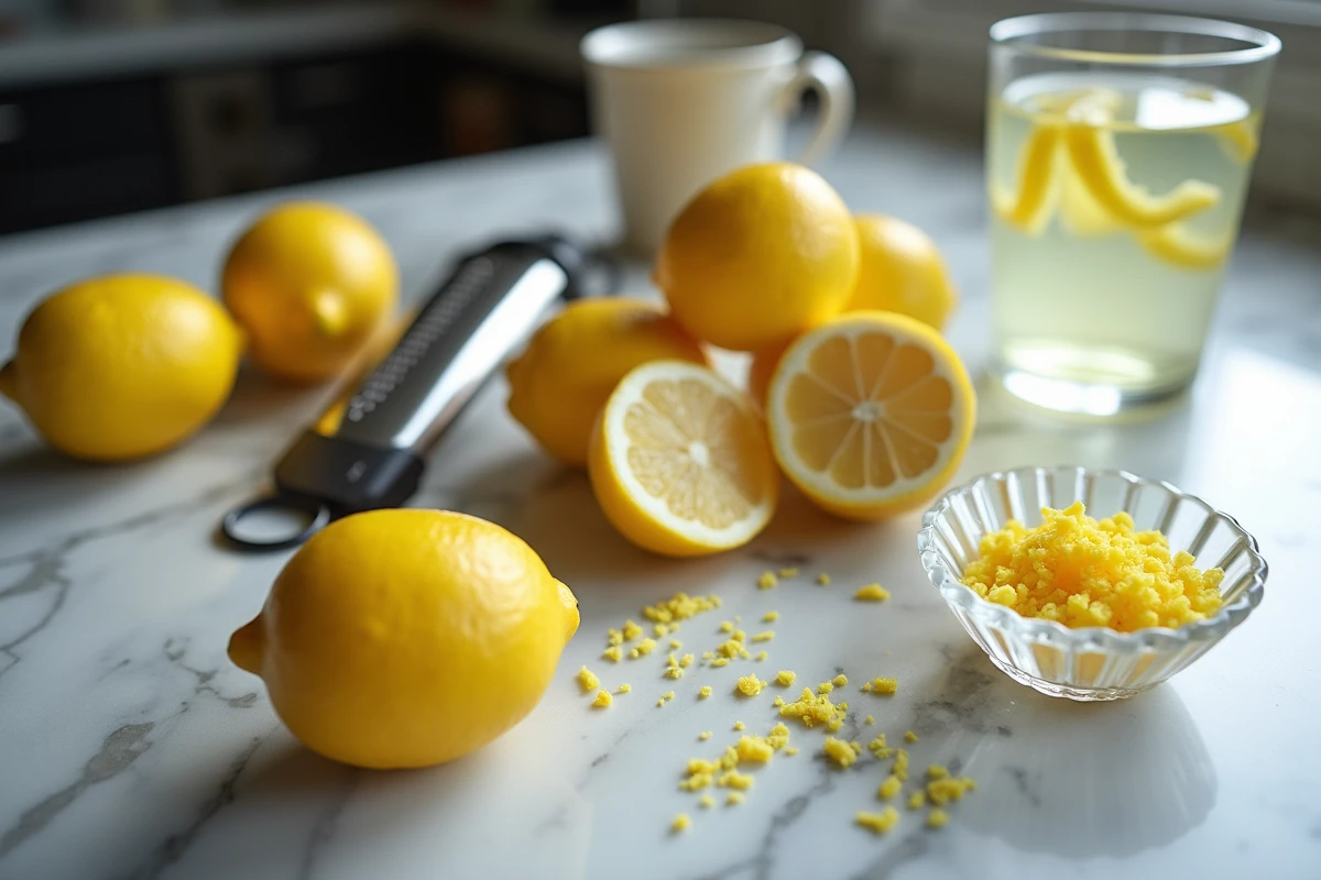 Citrons entiers et pressés avec râpe et zestes sur un plan de travail en marbre dans une cuisine ordinaire