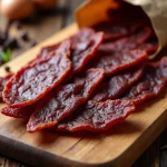 Gros plan sur des tranches de beef jerky artisanal aux fibres bien visibles posées sur une planche en bois rustique