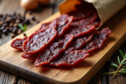 Gros plan sur des tranches de beef jerky artisanal aux fibres bien visibles posées sur une planche en bois rustique