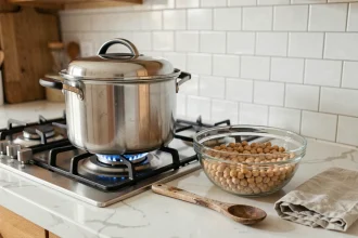 Cocotte-minute en inox sur gazinière avec pois chiches secs dans un bol en verre sur plan de travail en marbre blanc