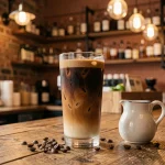 Verre de cold brew et Kahlúa posé sur un comptoir en bois dans un café urbain chaleureux, révélant un dégradé de couleurs caramel et café