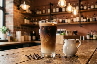 Verre de cold brew et Kahlúa posé sur un comptoir en bois dans un café urbain chaleureux, révélant un dégradé de couleurs caramel et café