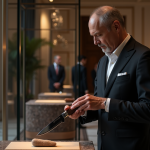 Homme élégant examinant un couteau de luxe dans une salle d'enchères